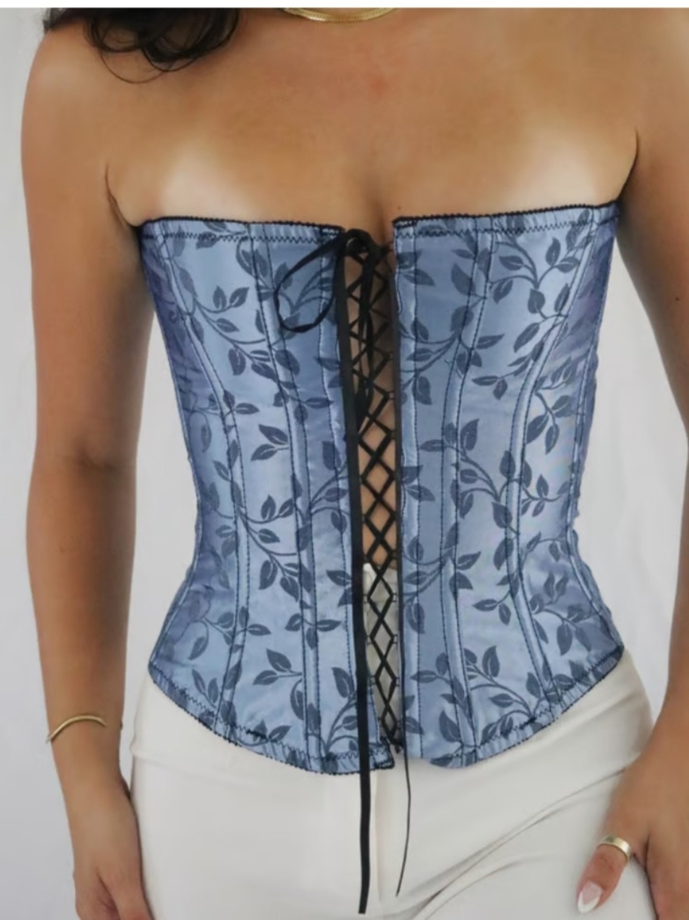 VTG 2001 Victoria's Secret Limited Edition Blue Vine Brocade Lace Up Corset - M
